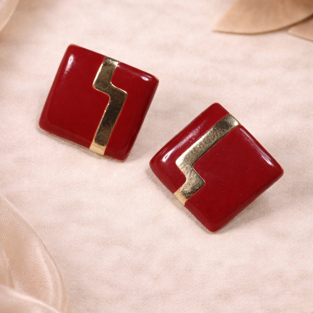 Vintage Red Enamel Geometric Earrings Gold Zig Zag Stripe Retro 80s Statement